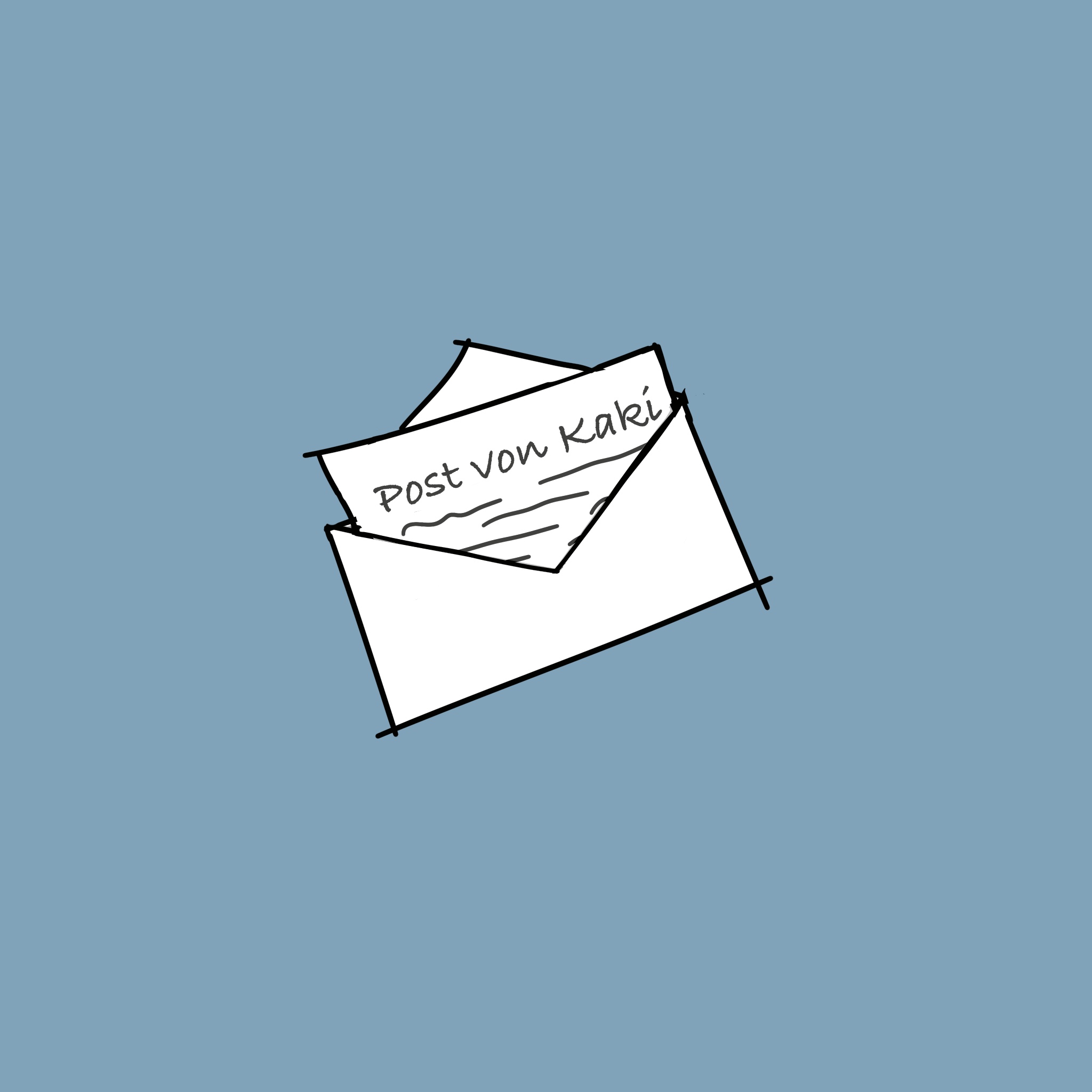 Die Überschrift "Post von Kaki" auf einem Zettel, der aus einem Briefumschlag herauslugt